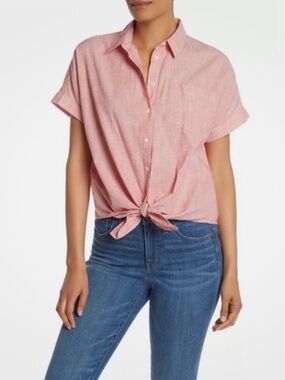 Madewell End on End Tie Front Button Down shirt - Pink Linen